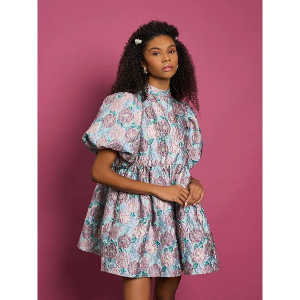 Sister Jane Dream Turquoise Blue Iceland Poppy Jacquard‎ Puff Sleeve Mini Dress